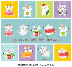 New year and Christmas card backgrounds with rat - symbol of the year. Simple illustration for the greeting card