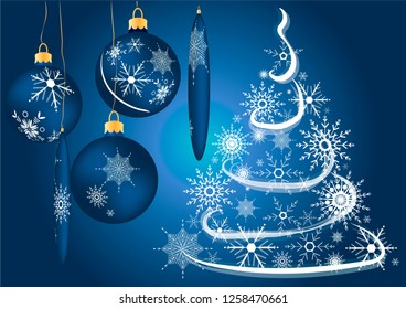 New Year and Christmas card with balls and Christmas tree made from snowflakes. Christmas vector image
