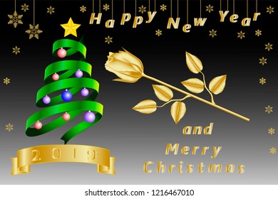 New Year and Christmas card, banner with a green ribbon in the form of a New Year, Christmas tree, a golden clock and snowflakes on a silver background.