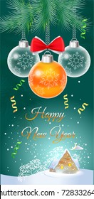 New year and Christmas card, banner, background with balls, decorations  end pine branches