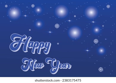 New Year, Christmas card with bright lights, stars and falling snow on a gentle blue background. New Year 2024 concept, Vector illustration.