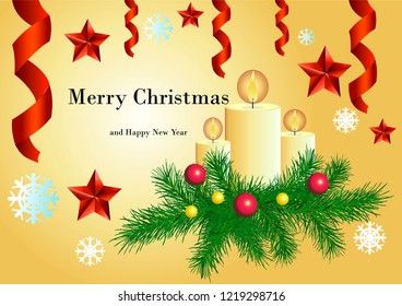 New Year and Christmas card with candles, branches of a New Year tree, stars. Vector image.