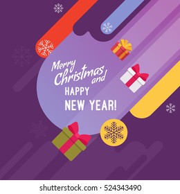 New Year and Christmas card with copyspace for texting. Purple background, gifts and abstract shapes. Cartoon vector flat-style graphic template