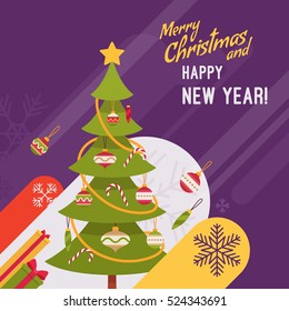 New Year and Christmas card with copyspace for texting. Purple background, green fur tree decorated with glass baubles and candy canes. Cartoon vector flat-style graphic template