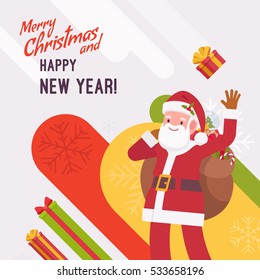 New Year and Christmas card with copyspace for texting. White background, jolly Santa Claus carring a gift bag, waving his hand and greeting. Cartoon vector flat-style graphic template