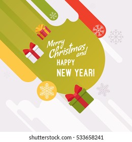 New Year and Christmas card with copyspace for texting. White background, gifts and abstract shapes. Cartoon vector flat-style graphic template