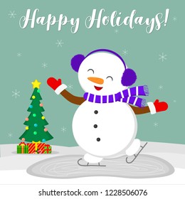 New Year and Christmas card. Cute snowman in fur headphones skates on the ice. Christmas tree and boxes with gifts in winter against the background of snowflakes. Cartoon style, vector.