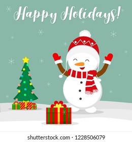 New Year and Christmas card. Cute snowman in a hat rejoices gift. Christmas tree and boxes with gifts in the winter against the background of snowflakes. Cartoon style, vector.