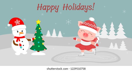 New Year and Christmas card. Cute snowman decorates the Christmas tree. Pig skates on the ice in the winter, against the backdrop of snowflakes. Cartoon style, vector.