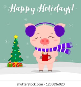 New Year and Christmas card. A cute pig wearing blue fur earphones and a scarf holding a cup of milk and ginger biscuits against a background of winter and snowflakes. Christmas tree and gifts. Vector