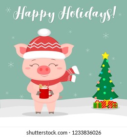 New Year and Christmas card. Cute pig in a hat and scarf, holding a cup with milk and ginger biscuits against the background of winter and snowflakes. Christmas tree and gifts. Vector, cartoon style.