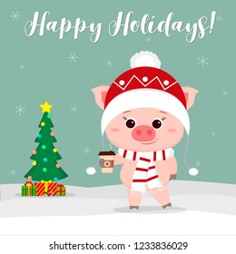 New Year and Christmas card. Cute pig in a hat and scarf holding a glass of coffee on the background of winter and snowflakes. Christmas tree and gifts. Vector, cartoon style.