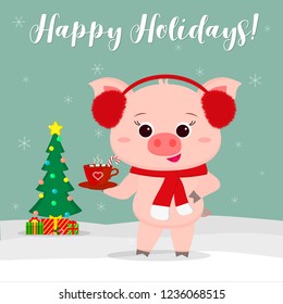 New Year and Christmas card. Cute pig wearing red fur earphones, holding a cup of hot chocolate and marshmallow on a background of winter and snowflakes. Christmas tree and gifts. Vector, cartoon