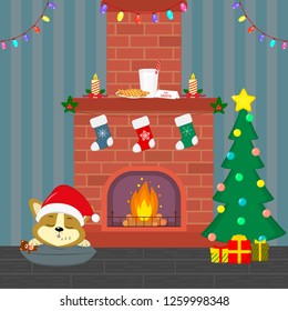 New Year and Christmas card. A cute corgi puppy in a Santa hat is sleeping near the fireplace. Christmas tree with gifts, fireplace, garland, candles, milk and cookies in the room. Cartoon, vector.