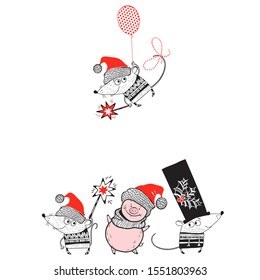 New Year and Christmas card with cute mice and a pig on a white background. .A cartoon characters. Vector illustration, greeting card or invitation.