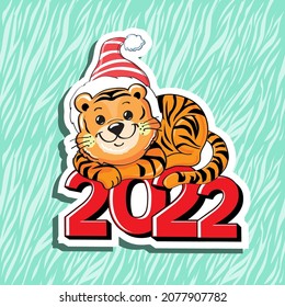 New year and christmas card with cute baby tiger. Vector illustration of a cartoon symbol of the Chinese year 2022