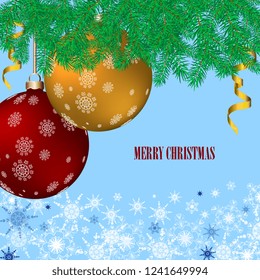 New Year and Christmas card. Christmas design with fir branches decorated Christmas balls red and gold.Holiday elements.