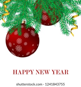 New Year and Christmas card. Christmas design with fir branches decorated Christmas balls red.Holiday elements.