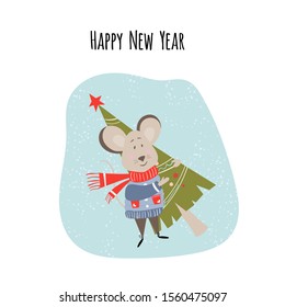 New Year and Christmas card design with cute mouse holding a tree. Vector illustration with symbol of the year 2020. 