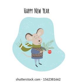 New Year and Christmas card design with cute mouse and decorative ball. Vector illustration with symbol of the year 2020.