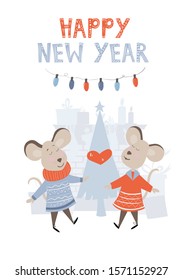 New Year and Christmas card design with cute mice boy and girl, dancing, in love, with fireplace, tree and presents in background. Vector illustration with symbol of the year 2020 with hand lettering