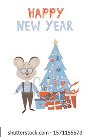 New Year and Christmas card design with cute boy mouse. Fireplace, tree and presents in backgroun. Vector illustration with symbol of the year 2020 and hand lettering