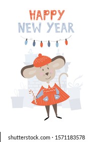 New Year and Christmas card design with cute french boy mouse in a red coat and hat with christmas candy. Vector illustration with symbol of the year 2020 and hand lettering