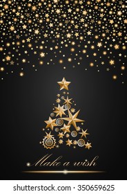 New Year and Christmas card design: gold Christmas Tree made of stars and snowflakes with abstract shining falling stars on grey ambient background. Vector illustration