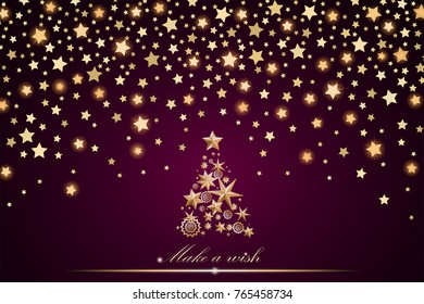 New Year and Christmas card design: gold Christmas Tree made of stars and snowflakes with abstract shining falling stars on pink ambient background. Vector illustration