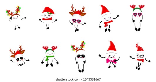 New Year or Christmas card. Funny cartoon cheerful character on a white background. Winter holidays. Santa claus or deer antler costume.