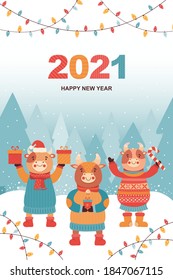New year or Christmas card funny bulls with gifts and sweets. Ox in the winter coniferous forest. Festive vector illustration with glowing light bulbs garlands and greeting inscription. Symbol 2021