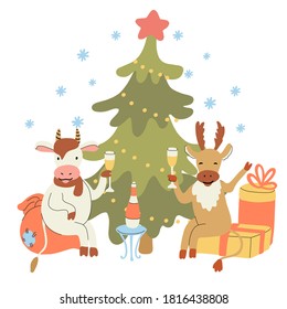 New Year or Christmas card with gift boxes, christmas tree and cute cheerful bull and deer drinking champagne. Year of ox 2021. Hand drawn lettering. Vector illustration isolated on white background