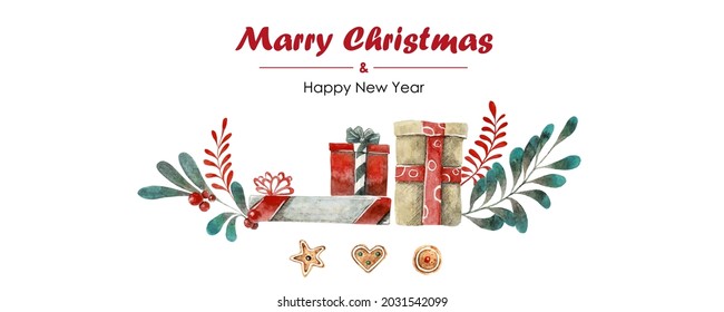 New Year and Christmas Card. Hand drawn presents and plants texture. Watercolor christmas flowers, boxes and cookies. Vector