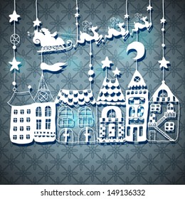 New year or Christmas card for holiday design with Santa Claus in sleigh over houses, Vector