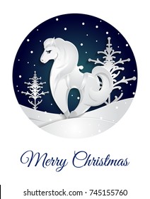 New year, Christmas card with horse in the winter forest . vector illustration.  paper art style. winter season.