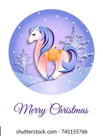 New year, Christmas card with horse in the winter forest . vector illustration.  paper art style. winter season.