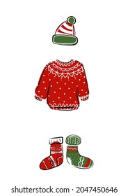 A New Year or Christmas card. Knitted hat, sweater and socks. Doodle with added color. Poster