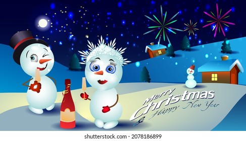 New Year and Christmas card. Lovely snowmen, champagne and fireworks. Cartoon style, vector.

