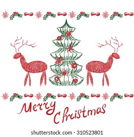 New Year Christmas card with reindeer and Christmas tree