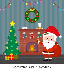 New Year and Christmas card. Santa Claus is holding a bag with gifts and cookies. Christmas tree with gifts, a fireplace, a wreath and garland, milk and cookies in the room at night. Cartoon, vector.