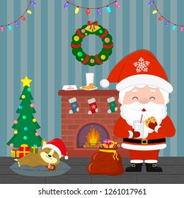 New Year and Christmas card. Santa Claus is holding a glass with milk and cookies. Cute puppy is sleeping by the Christmas tree. Fireplace, gift bag, wreath in the room at night. Cartoon, vector.