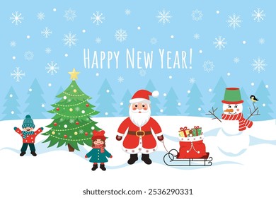 New Year and Christmas card with Santa, presents, snowman, Christmas tree and children. Winter landscape with children and presents. Vector illustration