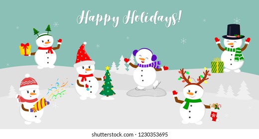 New Year and Christmas card. Set of six cute snowmen in different hats and poses in winter. Christmas tree, gifts, confetti, skates and ice. Cartoon style, vector.