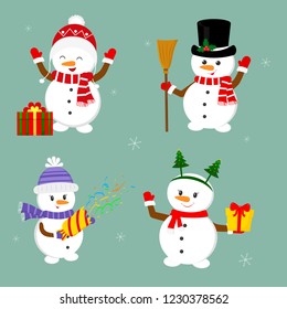 New Year and Christmas card. Set of four cute snowmen in different hats and poses in winter. Christmas tree, gifts, confetti, skates and ice. Cartoon style, vector.