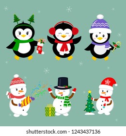New Year and Christmas card. Set of three penguins and three snowmen characters in different hats and poses in winter. Christmas tree, gifts, confetti. Cartoon style, vector.