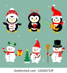 New Year and Christmas card. Set of three penguins and three snowmen characters in different hats and poses in winter. Christmas tree, gifts, confetti. Cartoon style, vector.