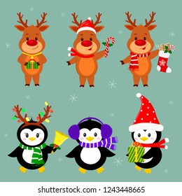 New Year and Christmas card. A set of three penguins and three deer characters in different hats and poses in winter. Box with a gift, candy, sock, bell. Cartoon style, vector.