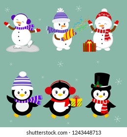 New Year and Christmas card. A set of three penguins and three snowmen characters in different hats and poses in winter. Box gifts, crackers with confetti. Cartoon style, vector.