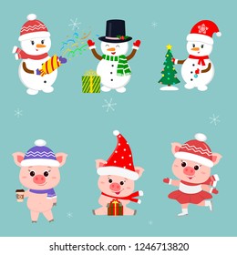 New Year and Christmas card. A set of three snowmen and three pigs is typical in different hats and poses in winter. Gift box, Christmas tree, hot drink. Cartoon style, vector.