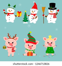 New Year and Christmas card. A set of three snowmen and three pigs character in different hats and poses in winter. Gift box, Christmas tree. Cartoon style, vector.